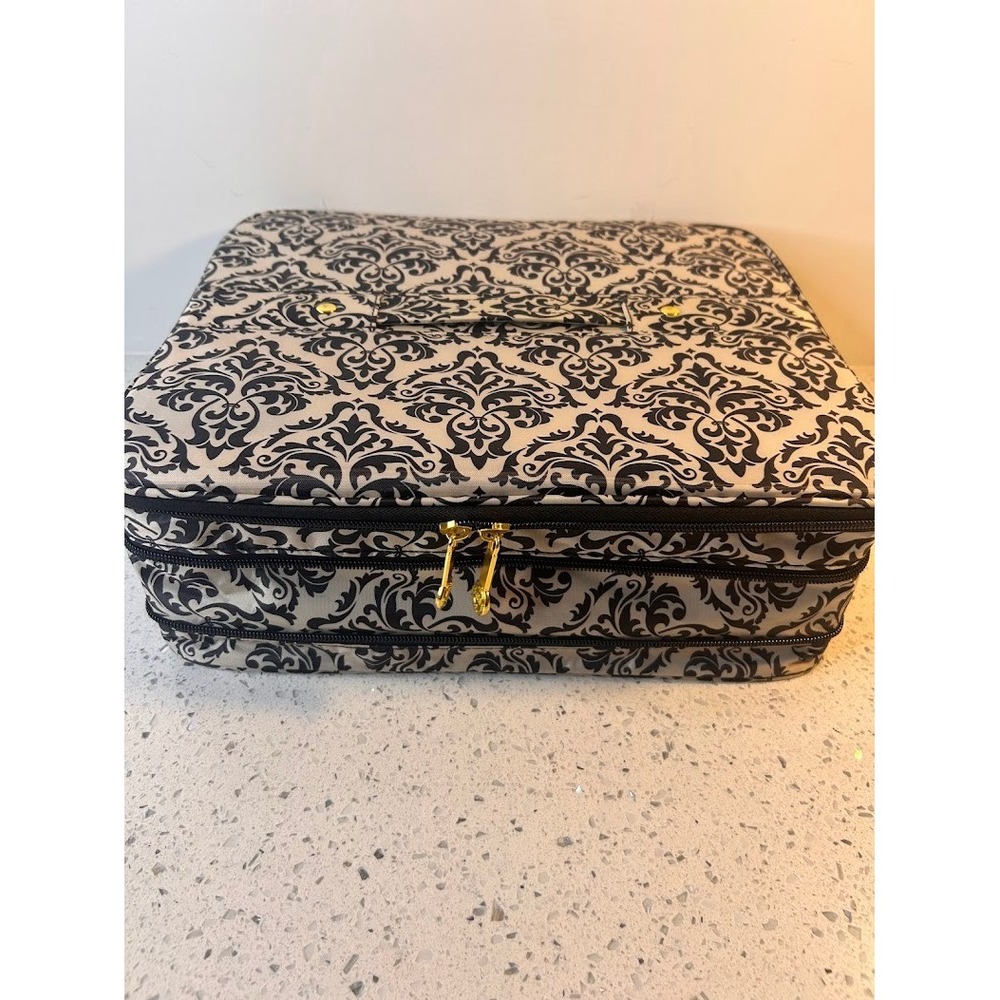 Joy Mangano Travel Jewelry Organizer Black White Damask Gold Hardware Case - Picture 4 of 10